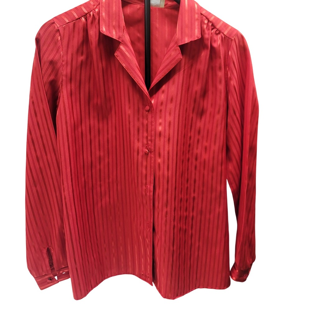 Vintage Sears The‎ Fashion Place Red Striped Satin Button Up Blouse Size 14